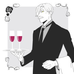 Rule 34 | 1boy, black necktie, black suit, butler, cup, drinking glass, facial hair, formal, grey background, grey hair, hair over one eye, holding, holding tray, looking at viewer, male focus, miruku kintoki, mustache, necktie, old, old man, rob (shinigami bocchan to kuro maid), shinigami bocchan to kuro maid, short hair, simple background, solo, standing, suit, towel, tray, upper body, wine glass, yellow eyes