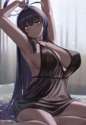 Rule 34 | 1girl, ahoge, armpits, arms up, bare arms, bare shoulders, black hair, blue archive, blush, breasts, cleavage, closed mouth, dark-skinned female, dark skin, halo, highres, karin (blue archive), large breasts, long hair, looking at viewer, moisture (chichi), purple halo, smile, solo, thighs, very long hair, yellow eyes