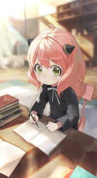 Rule 34 | 1girl, ahoge, anya (spy x family), black dress, bloom, blurry, blurry background, blush, book, book stack, bookshelf, chair, child, closed mouth, commentary, cone hair bun, double bun, dress, eyelashes, green eyes, hair between eyes, hair bun, hairpods, highres, holding, holding pencil, indoors, lens flare, light frown, light particles, light rays, long sleeves, looking at viewer, medium hair, open book, paper, pencil, pink hair, ribbon, rug, sidelocks, sitting, solo, spy x family, table, utkw n, white ribbon