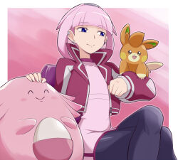 Rule 34 | 1girl, backpack, bag, black pantyhose, blue eyes, blunt bangs, chansey, commentary request, covered collarbone, creatures (company), cropped jacket, crossed legs, dress, earrings, eyelashes, game freak, gen 1 pokemon, highres, jacket, jewelry, long sleeves, medium hair, mollie (pokemon), nintendo, open clothes, open jacket, pantyhose, pawmi, pink dress, pink hair, pokemon, pokemon (anime), pokemon (creature), pokemon horizons, pokemon on arm, purple bag, usoco