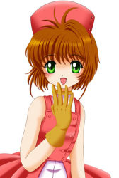 Rule 34 | 1990s (style), 1girl, :d, antenna hair, bare shoulders, brown gloves, cardcaptor sakura, child, collarbone, comic, dress, flipper, gloves, hand to own mouth, hat, kinomoto sakura, looking at viewer, open mouth, pink dress, pink hat, retro artstyle, short hair, simple background, smile, solo