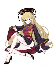 Rule 34 | 1girl, bare legs, black dress, black footwear, black nails, blonde hair, blush, chinese clothes, dress, earrings, fkey, folded fan, folding fan, full body, hand fan, hat, highres, jewelry, junko (touhou), long hair, long sleeves, looking at viewer, nail polish, red eyes, ribbon, shoes, simple background, sitting, solo, tabard, tassel, touhou, very long hair, white background, wide sleeves, yellow ribbon