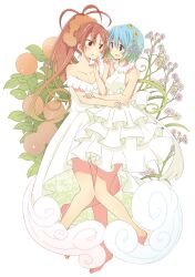 Rule 34 | 2girls, absurdres, antenna hair, bare shoulders, blue hair, breasts, collarbone, dress, finger to another&#039;s cheek, flower, gradient hair, green hair, hand on another&#039;s arm, highres, mahou shoujo madoka magica, mahou shoujo madoka magica (anime), medium breasts, miki sayaka, multicolored hair, multiple girls, pikachi, playing with another&#039;s hair, ponytail, red hair, sakura kyoko, short hair, small breasts, strapless, strapless dress, white dress, yuri