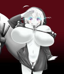 Rule 34 | 10s, 1girl, abyssal ship, breasts, covered erect nipples, female focus, gigantic breasts, kantai collection, large areolae, nipples, no panties, puffy nipples, purple eyes, pussy, rahab, re-class battleship, smile, uncensored, white hair