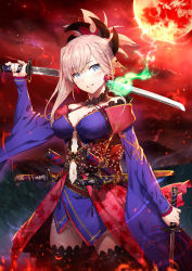 Rule 34 | 1girl, black thighhighs, blue eyes, blue kimono, blush, breasts, burning, cleavage, clothing cutout, cloud, cloudy sky, commentary request, dual wielding, earrings, fate/grand order, fate (series), fire, full moon, gabiran, hair ornament, hand up, head tilt, holding, holding sword, holding weapon, japanese clothes, jewelry, katana, kimono, looking at viewer, medium breasts, miyamoto musashi (fate), miyamoto musashi (third ascension) (fate), moon, navel, navel cutout, outdoors, pink hair, ponytail, red moon, sidelocks, sky, solo, standing, sword, thighhighs, weapon