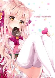 Rule 34 | 1girl, animal ears, blonde hair, blush, breasts, brown eyes, candy, cat ears, cat girl, chocolate, chocolate heart, floral print, food, hair between eyes, hair ornament, hair ribbon, happy valentine, heart, holding, japanese clothes, kimono, knees up, large breasts, legs together, long hair, mouth hold, nanase kureha, nanase nao, obi, original, purple ribbon, ribbon, sash, sitting, solo, thighhighs, thighs, valentine, very long hair, wavy hair, white kimono, white thighhighs