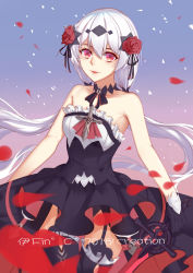 Rule 34 | 1girl, absurdres, armpits, black dress, black gloves, black thighhighs, blue background, closed mouth, dress, flower, gloves, hair flower, hair ornament, highres, holding, holding sword, holding weapon, honkai (series), honkai impact 3rd, lips, long hair, looking at viewer, petals, red eyes, red flower, red rose, rose, sdzy97510, sleeveless, sleeveless dress, solo, sword, theresa apocalypse, theresa apocalypse (luna kindred), thighhighs, twintails, two-tone background, weapon, white hair