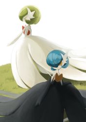 2girls alternate_color artist_name bare_shoulders black_dress black_gloves blue_hair bob_cut closed_eyes closed_mouth colored_skin creatures_(company) day dress elbow_gloves female_focus flat_chest game_freak gardevoir gen_3_pokemon gloves grass green_hair hair_over_one_eye happy highres ikei mega_gardevoir mega_pokemon multiple_girls nintendo orange_eyes outdoors pokemon pokemon_(creature) shiny_and_normal shiny_pokemon short_hair signature simple_background smile standing strapless strapless_dress white_background white_dress white_gloves white_skin