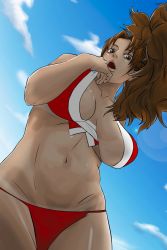Rule 34 | 1girl, bikini, breasts, brown eyes, brown hair, hand fan, fatal fury, highres, large breasts, long hair, mattsun (lyohei-adgjmptw), open mouth, pixiv sample, ponytail, resized, shiranui mai, smile, snk, solo, swimsuit, the king of fighters