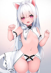 Rule 34 | 1girl, :d, animal ears, bare shoulders, breasts, cat ears, cat girl, cat tail, commentary request, gradient background, grey background, groin, hair between eyes, hand up, hashiko nowoto, highres, long hair, looking at viewer, navel, open mouth, original, paw pose, purple eyes, revealing clothes, small breasts, smile, solo, tail, teeth, thigh gap, thighhighs, upper teeth only, very long hair, white background, white hair, white thighhighs