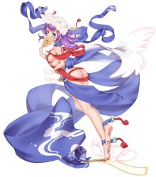 Rule 34 | 1girl, absurdres, aqua eyes, ass, bare shoulders, barefoot, blue scarf, breasts, butt crack, etsunami kumita, fan over face, feet, full body, hand fan, highres, holding, holding fan, houchi shoujo, looking at viewer, medium breasts, medium hair, purple hair, scarf, see-through, sideboob, soles, solo, tattoo