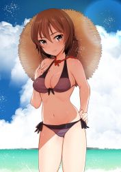 Rule 34 | 1girl, adjusting clothes, adjusting swimsuit, bikini, blue sky, blush, breasts, brown bikini, brown eyes, brown hair, brown headwear, cleavage, closed mouth, cloud, cloudy sky, commentary, cowboy shot, crotch seam, day, front-tie bikini top, front-tie top, girls und panzer, hand on own hip, hat, light blush, long hair, looking at viewer, medium breasts, nakasone haiji, nishizumi maho, ocean, outdoors, short hair, side-tie bikini bottom, sky, smile, standing, straw hat, sun hat, swimsuit, thighs, wet