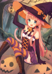 Rule 34 | 1girl, :d, animal ears, bare shoulders, bell, black gloves, blue eyes, boots, cat ears, cat tail, choker, colored stripes, cross-laced footwear, elbow gloves, fang, gloves, halloween, hand on headwear, hat, ichijou kokona, jack-o&#039;-lantern, jingle bell, lantern, long hair, looking at viewer, midorikawa you, multiple tails, nekomata, open mouth, original, pink hair, revision, smile, solo, striped clothes, striped thighhighs, tail, thighhighs, tree, witch hat
