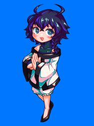 Rule 34 | 1boy, :d, antenna hair, aygoftenover, bare shoulders, black footwear, black hair, black jacket, black leotard, blue background, blue hair, braid, chibi, covered collarbone, fist in hand, green eyes, highres, jacket, leotard, long sleeves, male focus, medium hair, meng long, open mouth, own hands together, shoes, shy (series), simple background, smile, solo, white jacket, wide sleeves