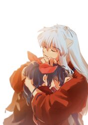 Rule 34 | 1boy, 1girl, absurdres, animal ears, black hair, bow, closed eyes, crying, dog ears, father and daughter, hair between eyes, hair bow, han&#039;you no yashahime, hand on another&#039;s head, highres, hug, inuyasha, inuyasha (character), japanese clothes, kayo1102, kimono, long sleeves, moroha (inuyasha), open mouth, ponytail, red bow, red kimono, tears, teeth, upper body, white background, white hair, wide sleeves