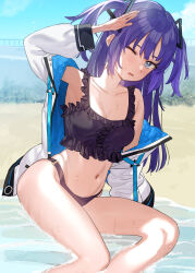 Rule 34 | 1girl, absurdres, bikini, bikini under clothes, black bikini, blue archive, blue eyes, blue sky, blush, breasts, cleavage, cloud, collarbone, commentary request, day, eyebrows hidden by hair, frilled bikini, frills, highres, jacket, jacket over swimsuit, long hair, long sleeves, medium breasts, navel, off shoulder, open clothes, open jacket, outdoors, parted lips, puffy long sleeves, puffy sleeves, purple hair, railing, sky, solo, subachi, sweat, swimsuit, thighs, two side up, very long hair, wavy mouth, white jacket, yuuka (blue archive)