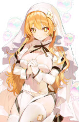 Rule 34 | 1girl, black ribbon, blonde hair, blush, breasts, cleavage, copyright request, cowboy shot, habit, hair between eyes, highres, juliet sleeves, kinty, large breasts, long hair, long sleeves, neck ribbon, own hands clasped, own hands together, puffy sleeves, ribbon, smile, solo, thighhighs, white background, white thighhighs