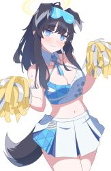 Rule 34 | 1girl, absurdres, animal ears, aot., black hair, blue archive, blue eyes, blunt bangs, blush, breasts, cheerleader, cleavage, closed mouth, commentary, cowboy shot, detached collar, dog ears, dog tail, embarrassed, eyewear on head, halo, hands up, hibiki (blue archive), hibiki (cheer squad) (blue archive), highres, holding, holding pom poms, large breasts, long hair, looking at viewer, midriff, official alternate costume, pom pom (cheerleading), pom poms, ponytail, shirt, simple background, solo, tail, white background, white shirt, yellow halo