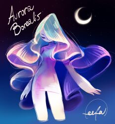 Rule 34 | 1girl, aurora, character name, closed eyes, colored skin, commentary, crescent moon, dress, english commentary, english text, feefal, gradient background, gradient dress, gradient hair, highres, long hair, moon, multicolored hair, night, night sky, original, outdoors, outstretched arm, scenery, signature, sky, smile, solo, star (sky), starry sky, very long hair, white skin
