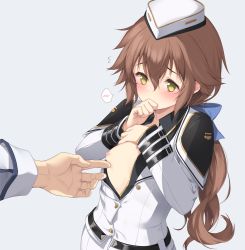 Rule 34 | 1boy, 1girl, black shirt, blue bow, bow, breast poke, breasts, brown hair, clenched hand, collared shirt, covering own mouth, dress shirt, eiyuu densetsu, flying sweatdrops, garrison cap, green eyes, hair bow, hakuleg, hand on own chest, hand to own mouth, hat, hetero, jacket, low ponytail, military, military uniform, nipples, one breast out, open clothes, open jacket, open shirt, partially unbuttoned, poking, pov, pov hands, rean schwarzer, sen no kiseki, shirt, simple background, small breasts, spoken blush, towa herschel, uniform, white jacket