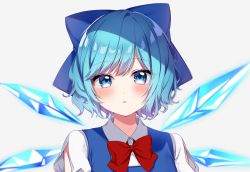 Rule 34 | 1girl, blue bow, blue dress, blue eyes, blue hair, blush, bow, bowtie, breasts, buttons, cirno, collared shirt, commentary request, dress, eyes visible through hair, grey background, hair between eyes, highres, ice, ice wings, looking at viewer, medium breasts, open mouth, puffy short sleeves, puffy sleeves, red bow, red bowtie, shinonome asu, shirt, short hair, short sleeves, simple background, solo, touhou, upper body, white shirt, wings