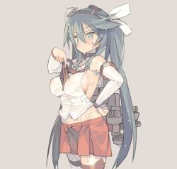Rule 34 | 1girl, bare shoulders, blade (galaxist), bow, breasts, brown necktie, covered erect nipples, cowboy shot, detached sleeves, grey background, hair between eyes, hair bow, hairband, isuzu (kancolle), kantai collection, large breasts, legband, long hair, looking at viewer, machinery, necktie, nipples, no bra, pleated skirt, red skirt, shirt, sideboob, simple background, skirt, solo, standing, sweatdrop, thigh strap, twintails, very long hair, wet, wet clothes, wet hair, wet shirt, white bow