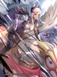 Rule 34 | 1girl, aoji (aoji-web), armor, aversa (fire emblem), bad id, bad twitter id, breastplate, breasts, cleavage, company connection, copyright name, dark-skinned female, dark skin, facial mark, feathers, fire emblem, fire emblem awakening, fire emblem cipher, gauntlets, headpiece, holding, horseback riding, intelligent systems, lance, large breasts, lips, lipstick, makeup, nintendo, official art, outdoors, parted lips, pegasus, pegasus knight uniform (fire emblem), polearm, riding, shoulder armor, skirt, smile, solo, thighhighs, weapon, white hair, wings, zettai ryouiki