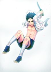 Rule 34 | 1boy, abs, arms up, atsushi toushirou, battle, black hair, black shorts, blood, blood on clothes, blood on face, blue footwear, blue hair, blurry, clenched teeth, collarbone, collared shirt, cuts, depth of field, dress shirt, floating, floating clothes, full body, holding, holding sword, holding weapon, injury, kanimata, kneehighs, long sleeves, looking at viewer, male focus, nipples, open clothes, open shirt, shirt, shoes, short sword, shorts, simple background, socks, solo, sword, tantou, teeth, toned, toned male, touken ranbu, weapon, white background, white shirt, white socks