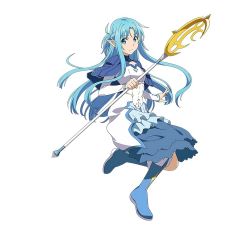 Rule 34 | 10s, 1girl, alternate costume, asuna (sao), asuna (sao-alo), blue eyes, blue footwear, blue hair, boots, full body, highres, holding, knee boots, long hair, matching hair/eyes, official art, pointy ears, simple background, smile, solo, staff, sword art online, sword art online: code register, white background