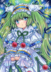 Rule 34 | 1girl, :o, blue background, blue eyes, blue hairband, blue ribbon, blush, capelet, cherry, cowboy shot, dress, flower, food, frilled capelet, frilled dress, frilled hairband, frilled shirt collar, frilled sleeves, frills, fruit, fur-trimmed dress, fur trim, green hair, hair between eyes, hair flower, hair ornament, hair ribbon, hairband, hatsune miku, lily of the valley, lolita hairband, long hair, long sleeves, looking at viewer, marker (medium), own hands together, parted lips, ribbon, rui (sugar3), sample watermark, snowflakes, solo, standing, traditional media, twintails, very long hair, vocaloid, watermark, white dress, white flower, white hairband, wide sleeves, yuki miku, yuki miku (2015)