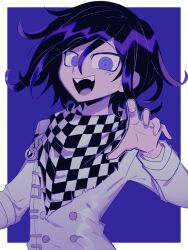 Rule 34 | 1boy, :d, a (poipiku 325815), black hair, border, buttons, checkered clothes, checkered scarf, commentary request, danganronpa (series), danganronpa v3: killing harmony, hair between eyes, hand up, jacket, long sleeves, looking at viewer, male focus, oma kokichi, open mouth, purple background, purple eyes, scarf, short hair, smile, solo, straitjacket, upper body, white border, white jacket