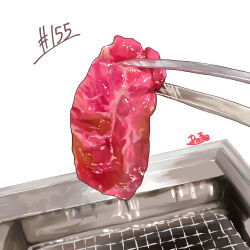 Rule 34 | absurdres, cooking, food, food focus, grill, highres, meat, no humans, original, simple background, takisou sou, tongs, white background