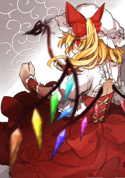 Rule 34 | 1girl, blonde hair, dress, flandre scarlet, hat, hat ribbon, laevatein, looking at viewer, looking back, mob cap, puffy short sleeves, puffy sleeves, red dress, red eyes, ribbon, shirt, short sleeves, side ponytail, sindre, solo, touhou, wings, wrist cuffs