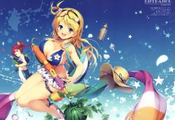 Rule 34 | 2girls, :d, absurdres, ahoge, bag, bare shoulders, bikini, bikini skirt, blonde hair, blue eyes, blue sky, breasts, character name, cleavage, day, dog tags, dual wielding, eyewear on head, flip-flops, flower, food, fruit, grin, hair flower, hair ornament, hair rings, hat, unworn hat, unworn headwear, highres, holding, huge filesize, koto-channel, large breasts, long hair, looking at viewer, looking back, midriff, mihama kosumi, multiple girls, one side up, open mouth, outdoors, parted lips, petals, plumeria, red eyes, red hair, rito (koto channel), sandals, scrunchie, seashell, senji (tegone spike), shell, shorts, side ponytail, sky, smile, star (symbol), star print, starry background, straw hat, sun hat, swimsuit, thigh strap, water gun, watermelon