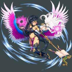 Rule 34 | 2girls, absurdres, bare shoulders, black hair, blue thighhighs, book, breasts, commentary request, crop top, green eyes, grey background, heterochromia, highres, holding, holding staff, kairos fateweaver, large breasts, loincloth, midriff, multiple girls, navel, personification, ponytail, purple eyes, rakuri (rwrn5475), simple background, sleeveless, staff, stomach, thighhighs, thighs, total war: warhammer 3, warhammer 40k, white hair, wings