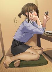 Rule 34 | 1girl, black skirt, blush, brown eyes, brown hair, brown pantyhose, choko (cup), chopsticks, collared shirt, commentary request, cup, douki-chan (douki-chan), feet, ganbare douki-chan, hand on own cheek, hand on own face, highres, holding, holding cup, indoors, legs, looking at viewer, no shoes, office lady, pantyhose, pencil skirt, revision, see-through, see-through legwear, shirt, sitting, skirt, solo, table, translated, yomu (sgt epper)