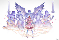 Rule 34 | 1girl, absurdres, armor, crown, dress, full body, granblue fantasy, heterochromia, highres, himemori luna, himemori luna (1st costume), hololive, jun wei, knight, long hair, open mouth, parody, pink hair, polearm, shield, spear, sword, thighhighs, virtual youtuber, weapon, white background