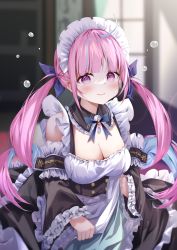 Rule 34 | 1girl, @ @, black collar, black sleeves, blue bow, blue bowtie, blue hair, blurry, blurry background, bow, bowtie, breasts, cleavage, closed mouth, collar, detached collar, detached sleeves, dress, drill hair, frilled sleeves, frills, highres, hololive, looking at viewer, maid, maid headdress, medium breasts, minato aqua, multicolored hair, pink hair, pola (1021), purple eyes, ringlets, sidelocks, solo, streaked hair, twin drills, two-tone hair, virtual youtuber, wide sleeves