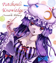 Rule 34 | 1girl, bespectacled, blunt bangs, blush, breasts, character name, chestnut mouth, cleavage, coat, collarbone, double bun, dress, english text, frilled hat, frilled sleeves, frills, glasses, gradient eyes, hair bun, hair ribbon, hat, holding, holding removed eyewear, kabaji, long hair, looking at viewer, medium breasts, mob cap, multicolored eyes, patchouli knowledge, pink eyes, purple coat, purple dress, purple eyes, purple hair, red-framed eyewear, ribbon, semi-rimless eyewear, shikishi, solo, striped clothes, striped dress, touhou, traditional media, tress ribbon, under-rim eyewear, unworn eyewear, upper body, very long hair, white background