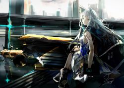 Rule 34 | 1girl, animal ears, aqua eyes, arknights, bare arms, bare shoulders, black footwear, boots, cape, cat ears, commentary, dress, grey dress, long hair, looking at viewer, outdoors, rosmontis (arknights), sakusyo, scar, scar on arm, silver hair, sleeveless, sleeveless dress, solo