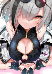 Rule 34 | 1girl, arknights, back mountain, bare shoulders, black footwear, blush, breasts, cleavage cutout, closed mouth, clothing cutout, eyewear on head, feater (arknights), from above, hair over one eye, highres, indian style, large breasts, looking at viewer, orange eyes, short hair, silver hair, sitting, sleeveless, smile, solo, sunglasses, thick eyebrows, white background