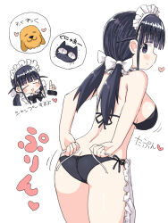 Rule 34 | 1girl, apron, ass, bikini, black bikini, breasts, butt crack, cat, commentary request, dog, heart, highres, index finger raised, large breasts, long bangs, low twintails, maid, maid apron, maid bikini, motion lines, naitou kouse, original, side-tie bikini bottom, swimsuit, translation request, triangle mouth, twintails, tying, unconventional maid, waist apron