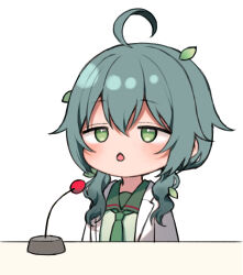 Rule 34 | 1girl, absurdres, ahoge, chestnut mouth, chibi, commentary request, green eyes, green hair, green necktie, green sailor collar, green shirt, hair between eyes, hair ornament, highres, lab coat, leaf hair ornament, long hair, microphone, midorikawa you, necktie, open clothes, original, parted lips, sailor collar, shirt, simple background, solo, upper body, white background