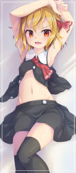 Rule 34 | 1girl, armpits, arms up, bare arms, bare shoulders, black shirt, black skirt, black thighhighs, blonde hair, breasts, collared shirt, fang, hair ribbon, highres, looking at viewer, midriff, miniskirt, navel, necktie, open mouth, partially unbuttoned, red eyes, ribbon, rumia, shirt, short hair, skirt, sleeveless, sleeveless shirt, small breasts, solo, stomach, sweat, thighhighs, thighs, touhou, uumaru, v-shaped eyebrows, zettai ryouiki