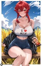Rule 34 | 1girl, aizawa tomo, bare legs, bare shoulders, blush, breasts, cellphone, cleavage, covered erect nipples, enma (enmanuelart), hair between eyes, high-waist shorts, highres, jacket, large breasts, looking at viewer, phone, red eyes, red hair, shirt, short hair, shorts, smile, smug, solo, swimsuit, tank top, thick thighs, thighs, tomboy, tomo-chan wa onna no ko, white shirt, white tank top