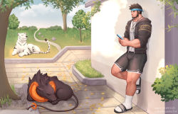 Rule 34 | 1boy, animal, artist name, bara, beard, black fur, brown eyes, brown hair, bush, cellphone, collar, cross, cross necklace, day, facial hair, feet against wall, foot against wall, grass, headband, highres, hood, hooded jacket, jacket, jewelry, kulolin, looking at another, looking at viewer, lying, male focus, manly, mature male, muscular, muscular male, necklace, on stomach, on wall, original, outdoors, park, petals, phone, plant, sandals, shadow, shirt, short hair, shorts, signature, sleeping, smartphone, socks, spiked hair, t-shirt, thick eyebrows, thick thighs, thighs, tiger, tight clothes, tree, vines, wall, white fur, white tiger