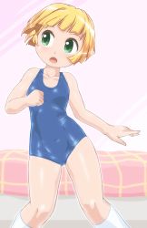 Rule 34 | 1girl, bed, blonde hair, blue one-piece swimsuit, blunt bangs, commentary request, covered navel, cowboy shot, green eyes, kneehighs, looking to the side, one-piece swimsuit, school swimsuit, short hair, socks, solo, swimsuit, virtual youtuber, white socks, winn