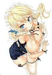 Rule 34 | 1girl, absurdres, apron, aqua eyes, bare shoulders, blonde hair, blush, boku wa tomodachi ga sukunai, breasts, bug, butterfly, butterfly hair ornament, covering privates, covering breasts, hair ornament, highres, hisasi, insect, kashiwazaki sena, large breasts, long hair, looking at viewer, maid apron, maid headdress, panties, shiny skin, simple background, solo, thighhighs, underwear, white background, white panties, white thighhighs