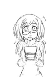 Rule 34 | 1girl, commentary request, glasses, crooked eyewear, greyscale, handheld game console, haraitei, lineart, monochrome, nikki (swapnote), nintendo, nintendo 3ds, open mouth, ribbed sweater, short hair, solo, ^^^, swapnote, sweater, tears, turtleneck