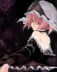 Rule 34 | 1girl, album cover, alternate color, arm garter, bare shoulders, black theme, bug, butterfly, choker, collar, cover, cover image, dress, frilled collar, frilled shirt collar, frills, hat, highres, insect, japanese clothes, kimono, long sleeves, looking at viewer, looking back, mephisto (angraecum), mob cap, obi, open mouth, pink eyes, pink hair, ribbon, ribbon-trimmed collar, ribbon trim, saigyouji yuyuko, sash, see-through, solo, touhou, triangular headpiece, wide sleeves